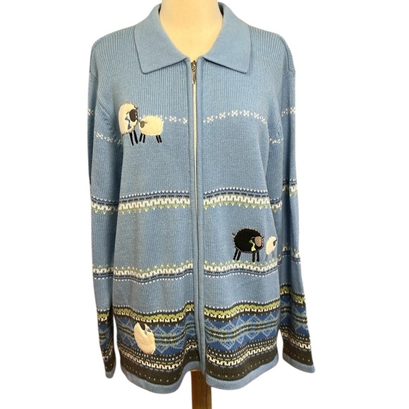 Vintage Allison Daley Fair Isle Black Sheep Knit Cardigan Sweater Full Zip sz 1X - Picture 1 of 16